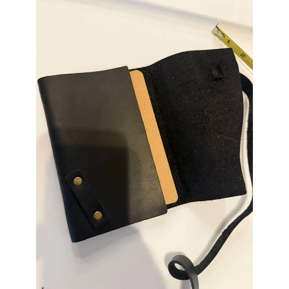 Portland Leather Goods Black Leather Wrap Journal Turquoise Stone Button Accent